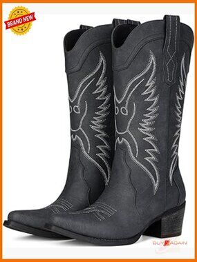 Pointed Toe Snip Toe Mid Calf Chunky Heel Western Cowgirl Boots